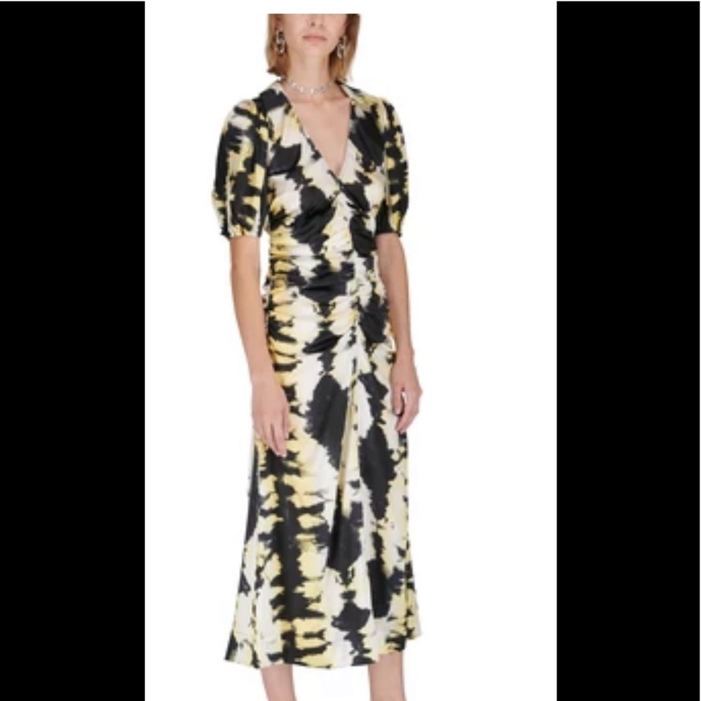 GANNI sz 2 stunner midi dress color is phantom yellow and black tie dye